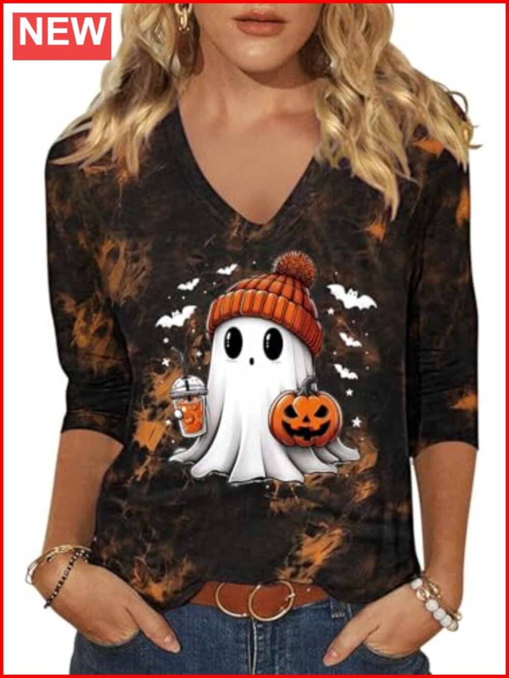 Women's Halloween Ghost Graphic V-Neck 3/4 Sleeve T-Shirt Casual Fall Top